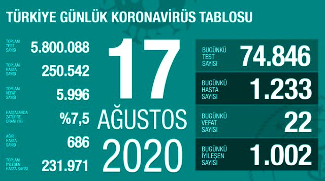 17 Ağustos 2020 Türkiye Koronavirüs Tablosu