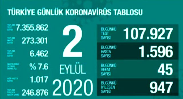 2 Eylül 2020 Koronavirüs Rakamları